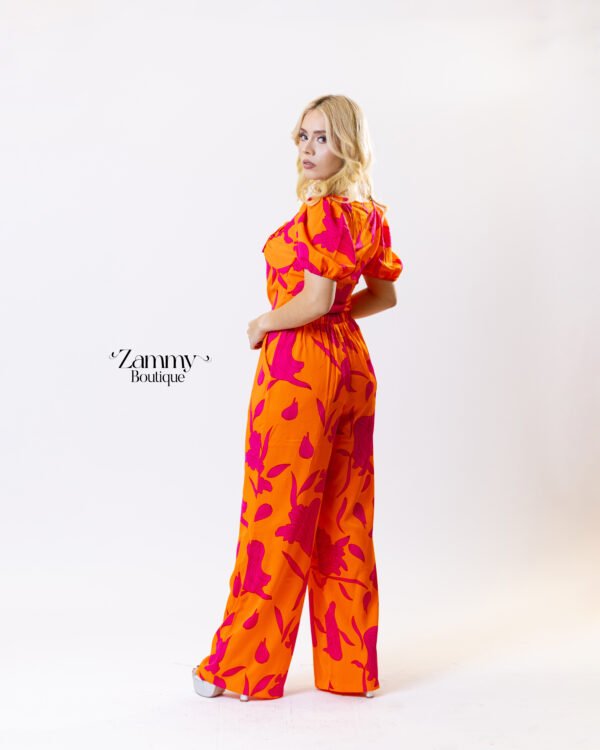 Conjunto de Blusa y Pantalón estampado Naranja y Fucsia