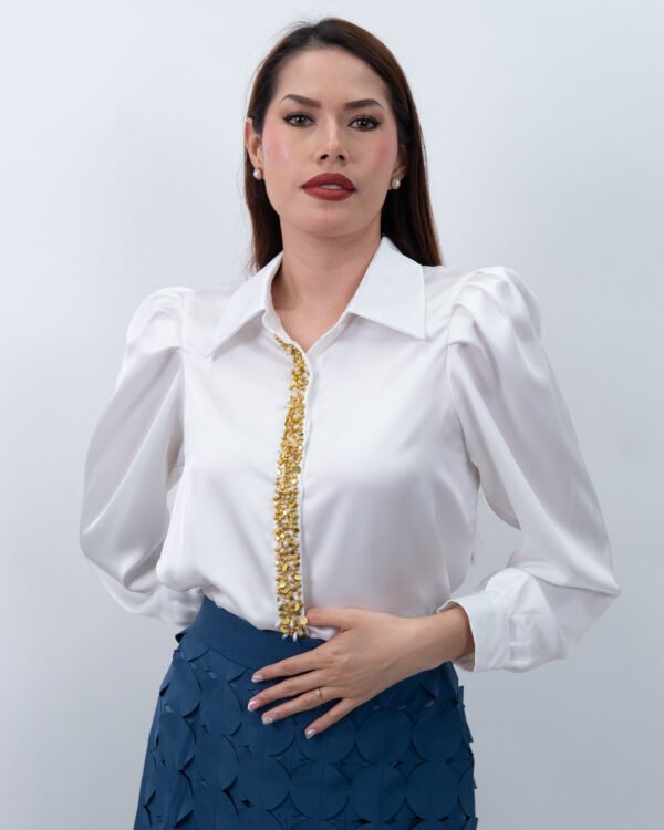 Camisa Blanca Satinada Raya Dorado