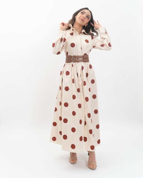 Vestido Beige Maxi con Estampado de Lunares Marrones y Cinturón
