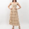 Vestido Maxi de Cuadros con Falda de Niveles y Lazo en el Pecho - Color Mostaza/Beige