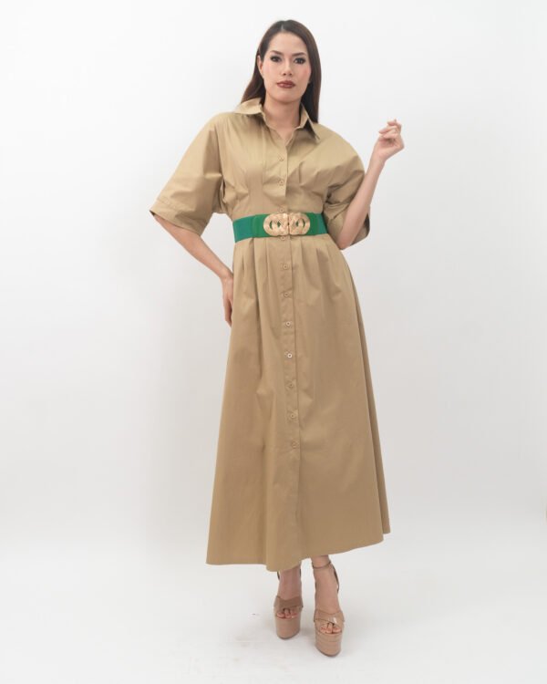 Vestido Camisero Maxi Color Camel con Botones Frontales y Manga Corta