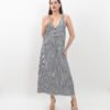 Vestido Midi de Rayas con Escote en V y Bajo Desflecado