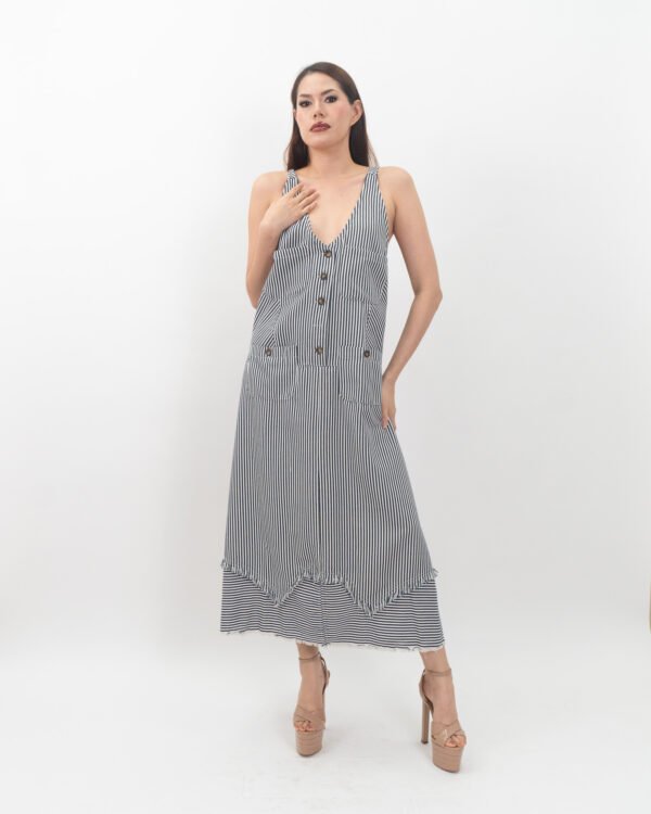Vestido Midi de Rayas con Escote en V y Bajo Desflecado
