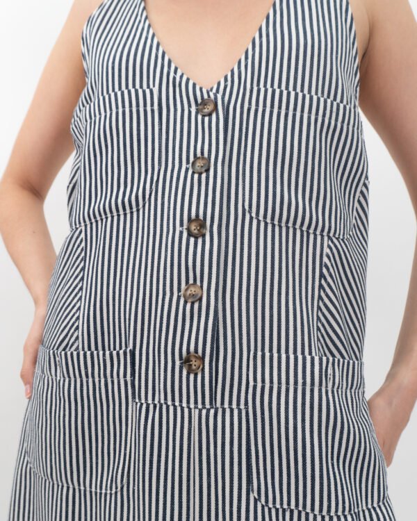 Vestido Midi de Rayas con Escote en V y Bajo Desflecado
