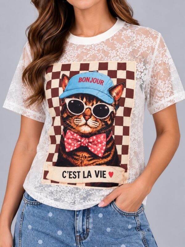 Playera Encaje Gatito